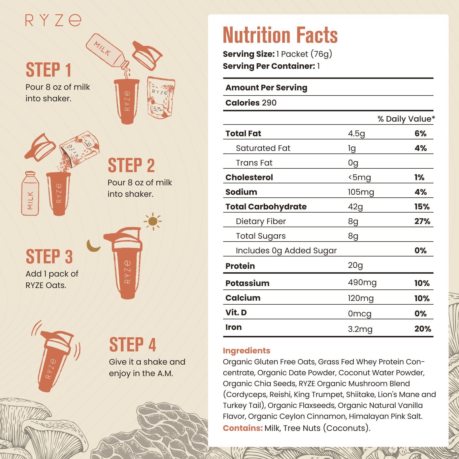 RYZE Mushroom Overnight Oats Pack (28 Servings)